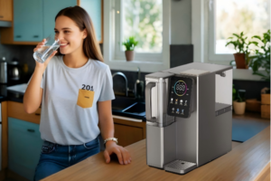 A modern, compact water purifier on a stylish apartment kitchen counter
